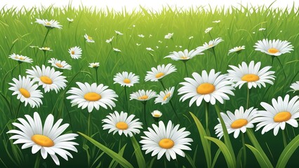 Bright daisy flowers in green grass, summer plant scene.