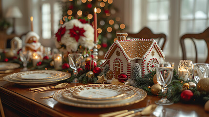 Wall Mural - A Christmas table setting with a gingerbread house, candles, and ornaments. There's a Christmas tree in the background