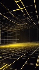 Wall Mural - yellow hologram light streaks projection grid technolo technology abstract background with copy space