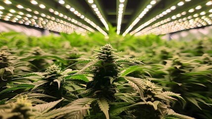 A close up of a large marijuana plant with many leaves