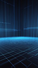 Poster - blue hologram light streaks projection grid technology abstract background with copy space