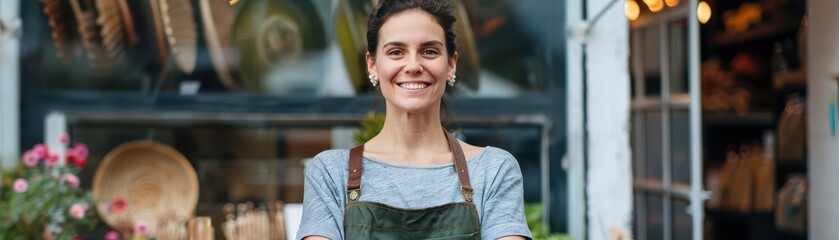 Smiling female shop owner wearing apron standing in front of her store. Small business entrepreneur with arms crossed.