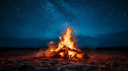 Campfire at night with a sky full of stars in background