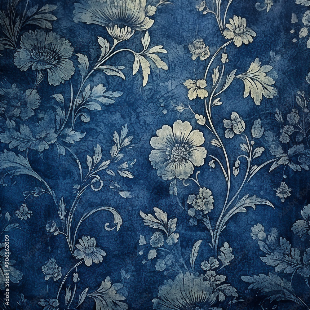 A blue floral wallpaper with white flowers. The flowers are arranged in ...