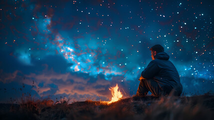 Campfire at night with a sky full of stars in background