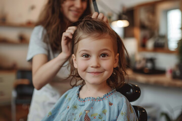 Wall Mural - Cheerful Kids' Hair Cutting Session in Playful Salon Environment