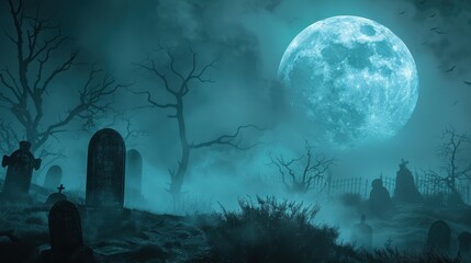 a halloween background featuring a spooky graveyard with tombstones, skeletal trees, eerie fog, and 