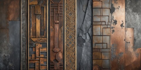 Sticker - Various textured surfaces display detailed Asian designs in bronze and gray, showcasing unique craftsmanship and artistic styles