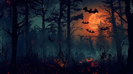 Wall Mural - a spooky halloween background with a dark, eerie forest, a full moon, and silhouettes of bats and pu