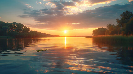 Summer lake background on green natural landscape