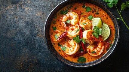 Wall Mural - Top view of a bowl of spicy prawn soup, featuring prawns, red chilies, and lemongrass in a rich coconut broth, garnished with lime wedges.