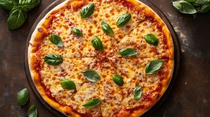 Wall Mural - Top view of a classic cheese pizza with rich tomato sauce and melted mozzarella cheese, garnished with fresh basil leaves.