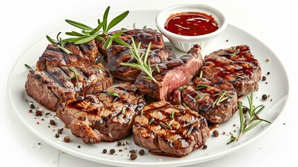 Wall Mural - Plate of assorted grilled steaks, decorated with pepper sauce and fresh rosemary sprigs, isolated on a pristine white background