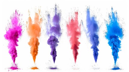 Sticker - Set of dynamic colored powder blasts, suspended in mid-air, isolated on a clean white background, highlighting the festive movement of colors