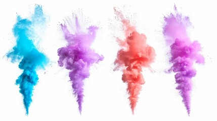 Sticker - Set of dynamic colored powder blasts, suspended in mid-air, isolated on a clean white background, highlighting the festive movement of colors