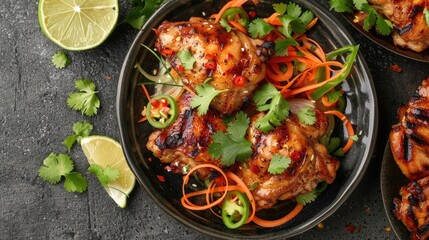 Wall Mural - Top view of a fresh and tangy papaya salad with lime wedges, alongside grilled chicken thighs garnished with cilantro.