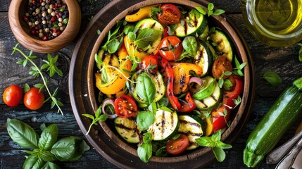 Top view of a grilled vegetable salad with zucchini, bell peppers, and cherry tomatoes, drizzled with a balsamic vinaigrette.