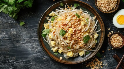 Wall Mural - Top view of a plate of Pad Thai with rice noodles, eggs, and bean sprouts, garnished with crushed peanuts.