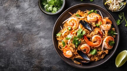 Wall Mural - Top view of a plate of seafood Pad Thai with shrimp, squid, and mussels, rice noodles, and bean sprouts.