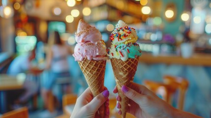 Wall Mural - Hand holding a tasty ice cream in an ice cream shop