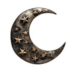 Vintage crescent moon and stars illustration, metallic surface, celestial theme, perfect for decorative and mystical projects.