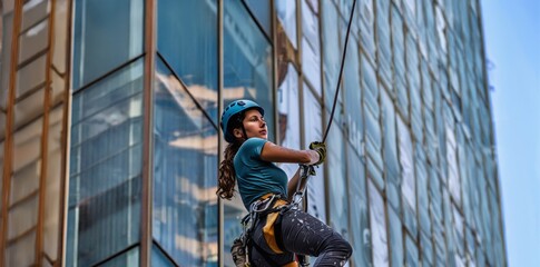 Female Cleaner in Protective Gear Cleaning Windows on High Rise Building.Generated image