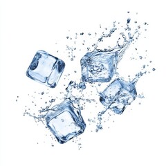 The falling ice cubes and splash are isolated on a white background