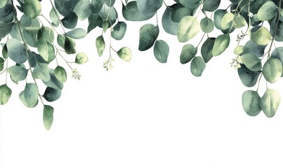 Against a white background, a watercolor border frame with green eucalyptus leaves and branches.