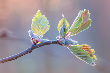 Wall Mural - A close-up of a branch with fresh green leaves and buds, illumin