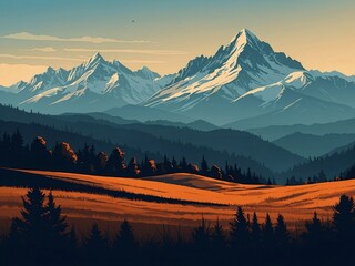 Poster - Mountain vector art Flat design landscape for tourism posters, web banners, and blog templates - high contrast