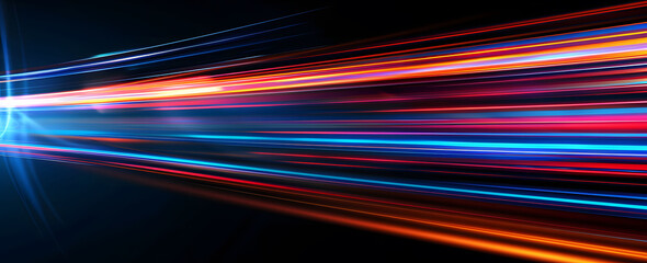 Wall Mural - Abstract illustration depicting high-speed light trails in 3D, creating a dynamic and futuristic backdrop. The red and blue light motion trails convey a sense of fast movement and modern technology.