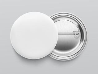White pin button badge mockup. Vector illustration isolated on grey background. Ready and simple to use for your design. The mock-up will make the presentation look as realistic as possible. EPS10.
