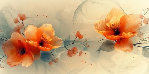 Wall Mural - Orange Flowers on a Tan Background, Artistic Wall Decoration