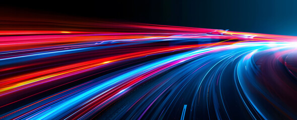 Sticker - Abstract illustration depicting high-speed light trails in 3D, creating a dynamic and futuristic backdrop. The red and blue light motion trails convey a sense of fast movement and modern technology.