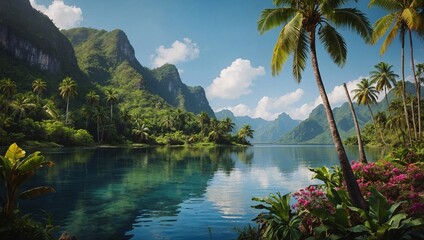 Wall Mural - Mural art of tropical landscape with oil painting, lake, mountains, palm, and banana trees