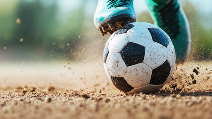 Wall Mural - Football player in green soccer boot shoes, kicking ball on dusty field