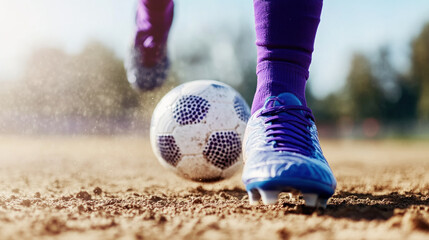 Poster - Football player in purple soccer boot shoes, kicking ball on dusty field