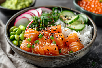 Hawaiian salmon poke bowl with rice, radish, cucumber, edamame