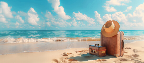 Suitcase and straw hat on sand beach with sea beach view background