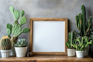 Wall Mural - White walls. Modern and floral shelf concept with mock-up photo frame on a brown bamboo shelf. Beautiful plants in hipster and design pots.