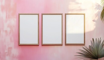 Mockup of a wooden frame on a pink and white wall, a 3D image of the frame