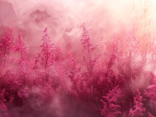 Wall Mural - Enchanted Pink Flowers in a Misty Field