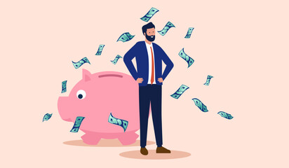 Leinwandbilder - Man saving money - Person with lots of savings standing in front of piggy bank with flying paper dollar bills, smiling and feeling happy. Flat design vector illustration