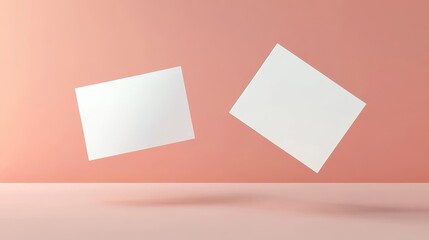 Wall Mural - A mockup of two floating business cards with a pink background. Insert your design.