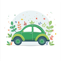  Green vintage car surrounded colorful leaves, naturefriendly vehicle concept. Ecofriendly transportation, classic car design amidst foliage, environmental graphic. Sustainable travel, retro