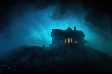 Wall Mural - A lonely house on a hill, illuminated at night with a misty atmosphere and glowing blue light.