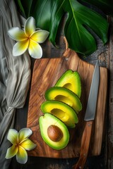 Fresh avocado fruit on wooden cutting board