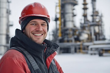 Portrait of a happy young engineer in winter attire and hardhat, standing proudly at an oil production field.