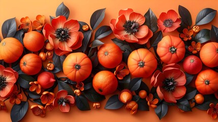 Canvas Print - A bouquet of oranges and flowers with a black background