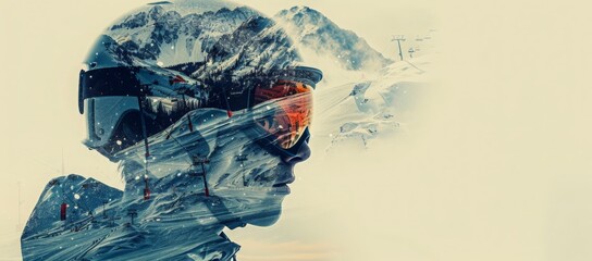 Double exposure illustration featuring a skier in a helmet and goggles superimposed on a snowy mountain landscape. The image conveys the thrill and beauty of winter sports